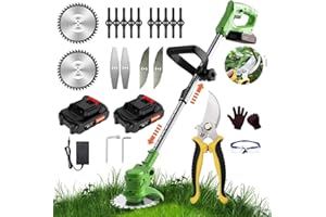 DOMPOU 21V Lithium-Ion Cordless String Trimmer 2 in 1 Trimmer & Edger, Grass Trimmer/Brush Cutter/Lawn Mower with 2 * 2.0Ah Battery and Charger Included, 4 Cutting Blade Types for Lawns Yard Garden