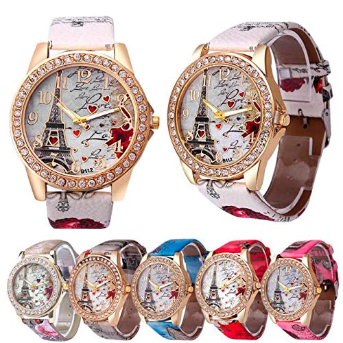 Women's Wrist Watch Vintage Paris Eiffel Tower Crystal Leather Quartz Wristwatch Best Gift (White -1)
