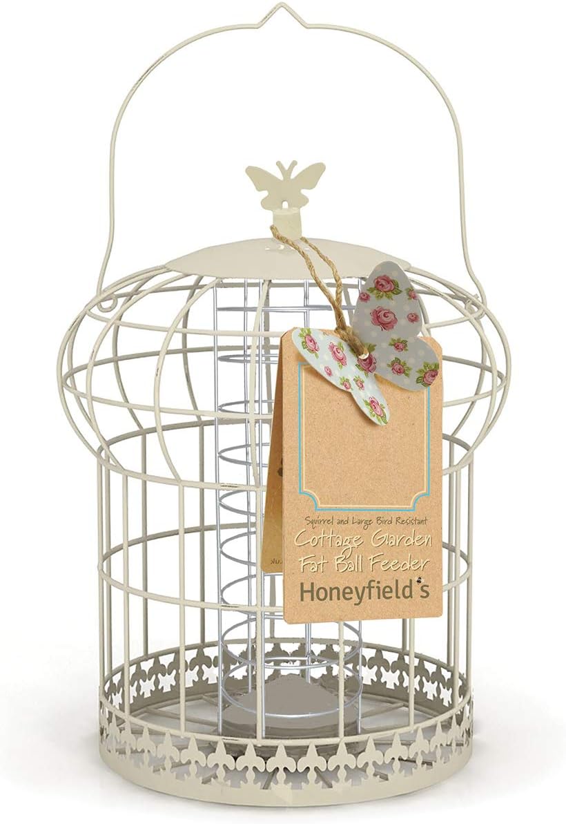 Honeyfields Hanging Squirrel Proof Wild Bird Fatball Suet Feeder. In Cottage Garden design painted In Cream for all year round use in the outdoors & garden. Ideal for Feeder Poles & Hanging From Trees
