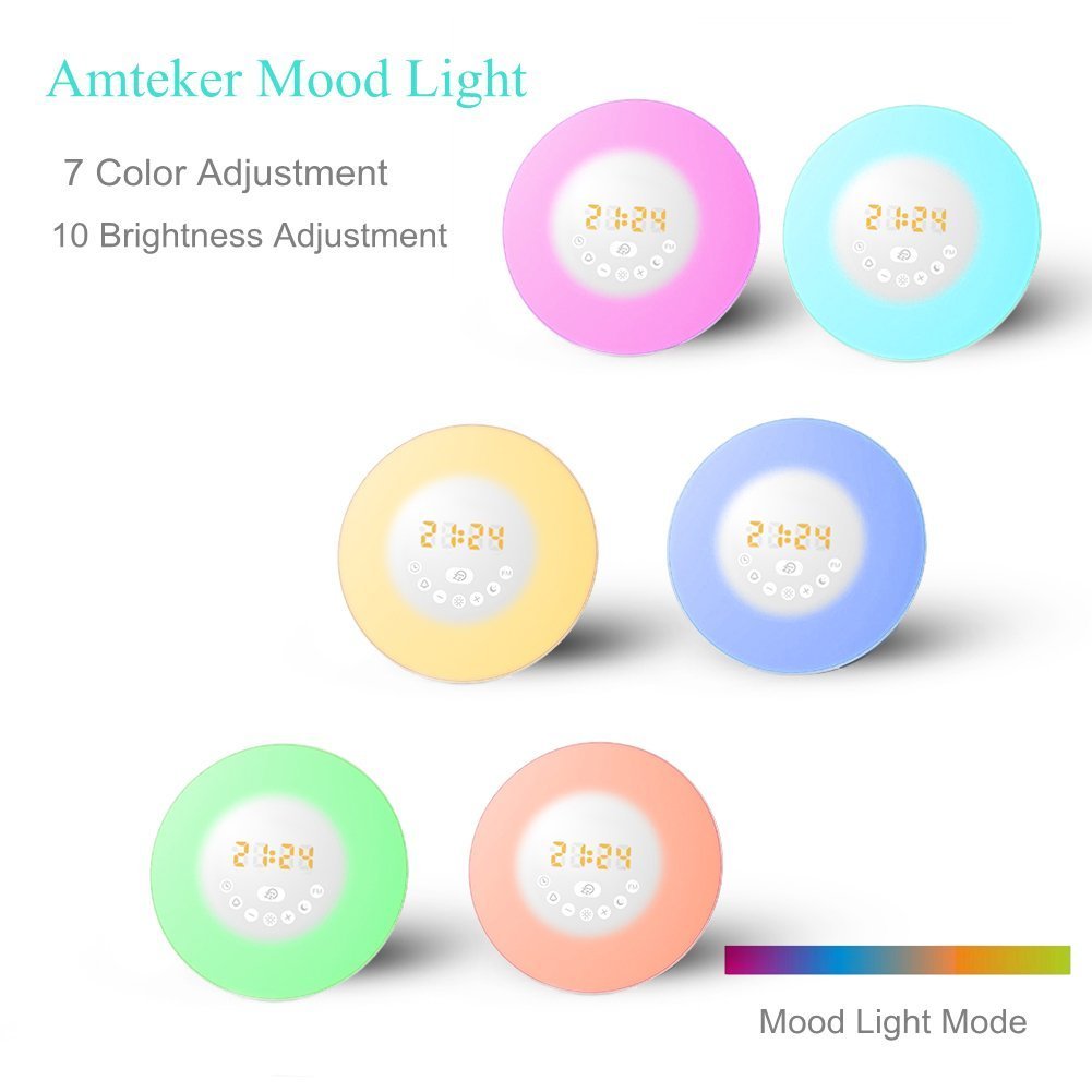 Wake-Up Light, Amteker Sunrise Simulation Alarm Clock with FM Radio Nature Sounds, 7 Colors Atmosphere Lamp,10 Brightness Bedside Lamp - Touch Control night light for Girl Lady kid Baby Bedroom