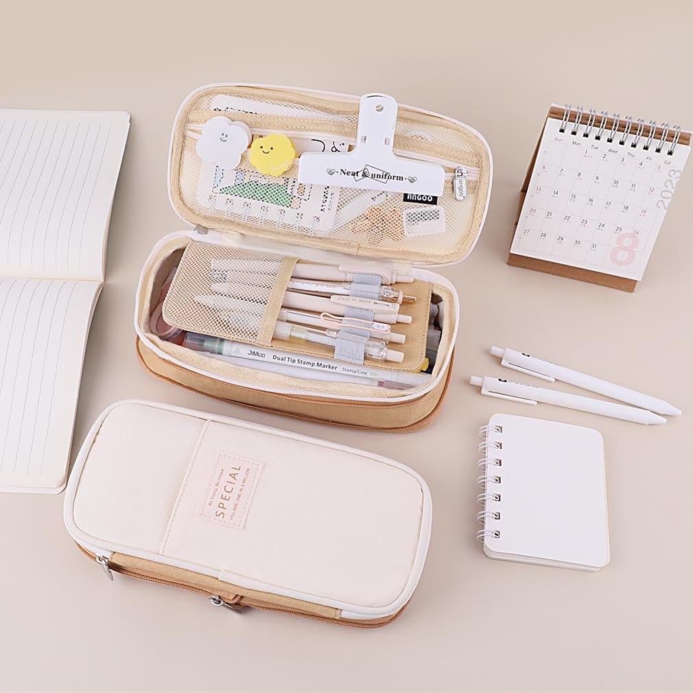 iSuperb Big Capacity Pencil Case Large Pencil Pouch Stationery Pen Bag for Teen Girls Boys, Back to School Supplies(Khaki+Beige)