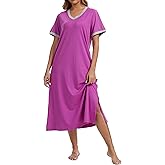 Kabento Cotton Nightgowns for Women Soft Short Sleeve Long Sleepwear with Pockets