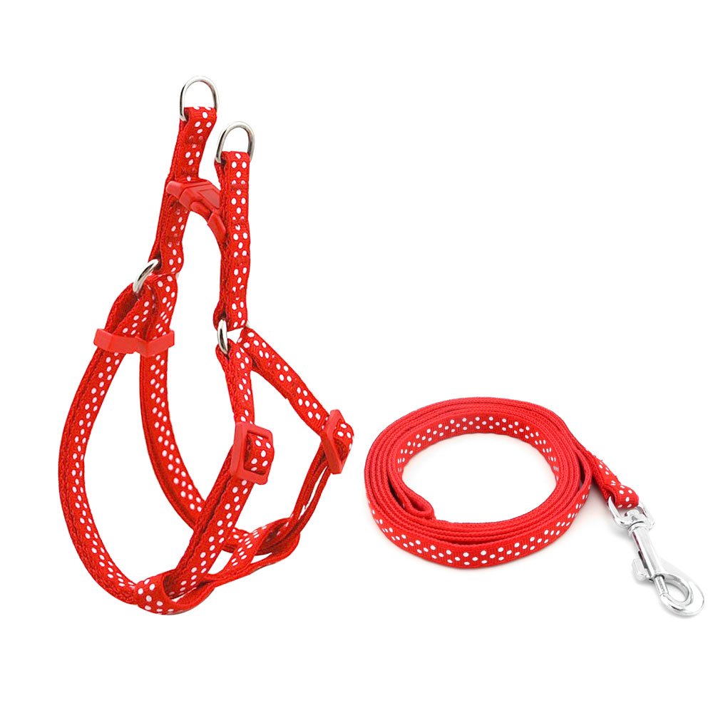 SMALLLEE_LUCKY_STORE Nylon Pet Dog Polka Dots Step-in Harness and Lead Set -adjustable chest 31-46cm Red