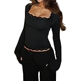 Women Square Neck Lace Long Sleeve Top Y2k Lace Trim Slim Fit Basic Blouse Casual Fall Going Out Trendy Shirts