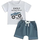 Toddler Baby Boy Clothes Summer Short Sleeve Trucks Tractors Print T-Shirt Tops Solid Color Shorts Set Casual Outfit