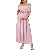 OUGES Women's 2026 Summer Spring Off The Shoulder Mesh Maxi Maternity Baby Shower Dresses for Photoshoot Party Wedding Guest Sleeveless Pleated Formal Long Flowy Pregnancy Must Have Clothes(Pink,XXL)