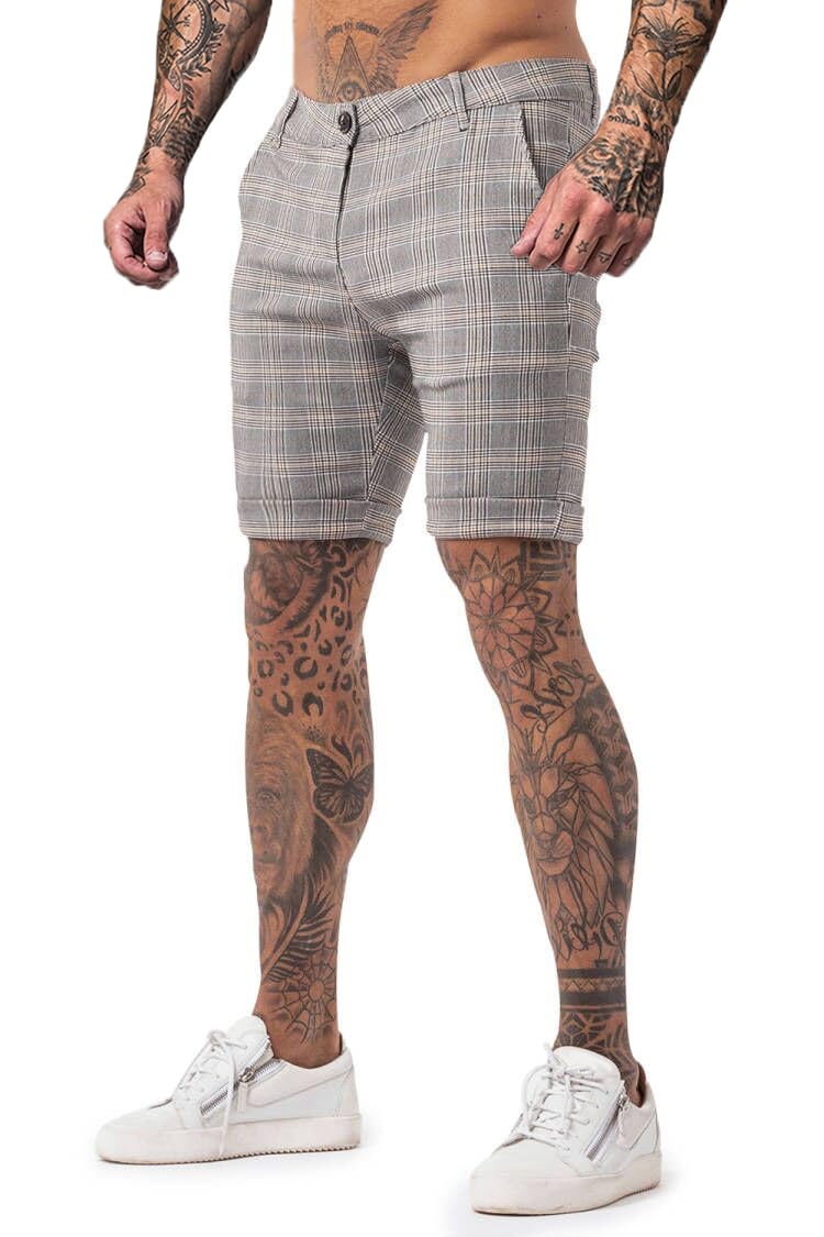 Photo 1 of GINGTTO Men Shorts Plaid Skinny Shorts for Men Cotton Elastic Waist Athletic Fit 28 Grey Yellow