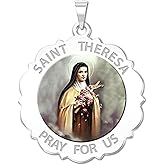 PicturesOnGold.com Saint Theresa Scalloped Round Religious Medal Color - 3/4 Inch Size of a Nickel -Sterling Silver