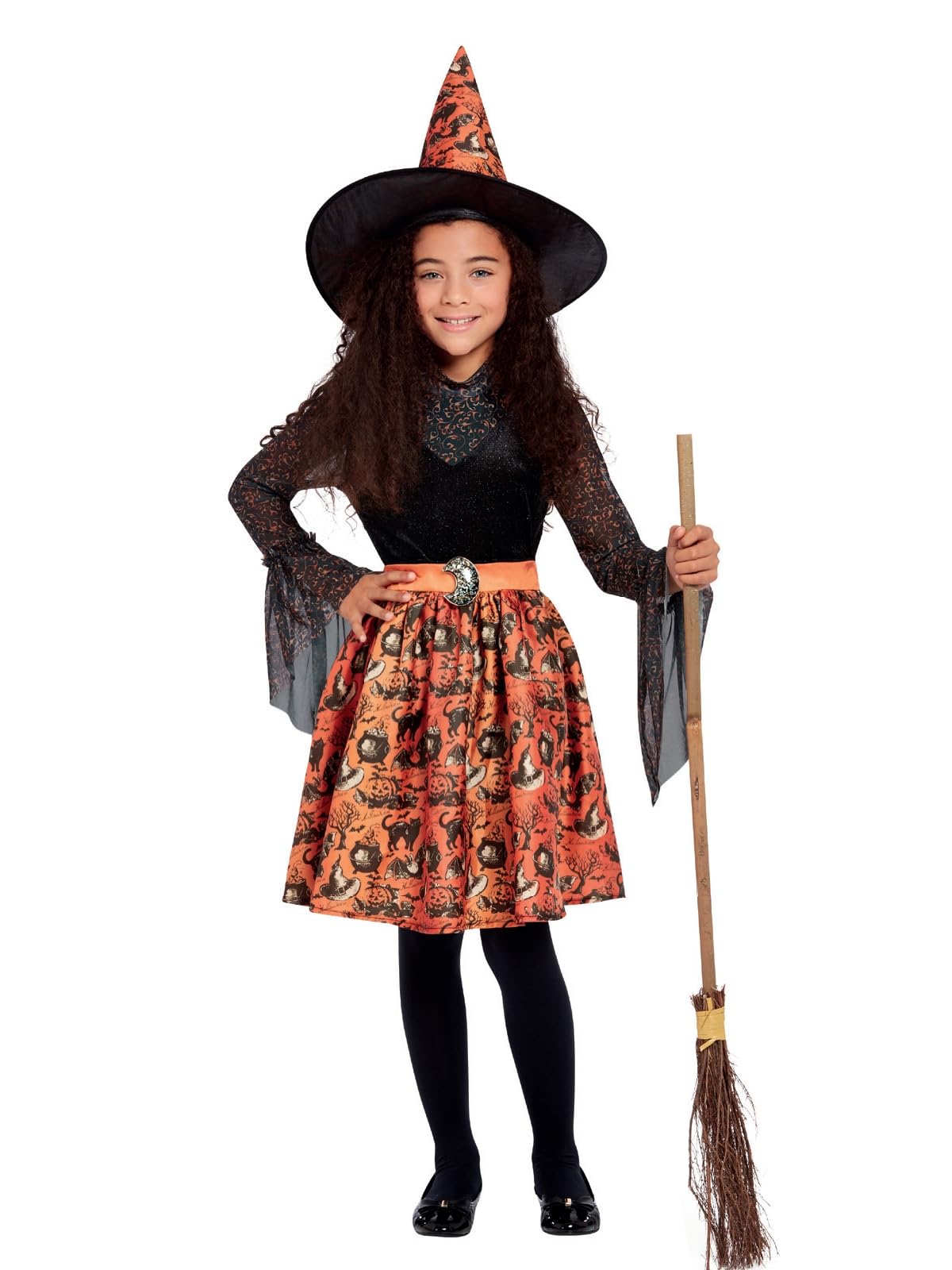 Smiffys Vintage Witch Costume, Orange Dress & Hat, Halloween Child Fancy Dress, Witch Dress Up Costumes