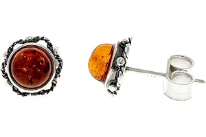 SilverAmber Jewellery - Classic Genuine Baltic Amber 925 Sterling Silver Antique Look Bloom Button Ball Studs Round Earrings 5940