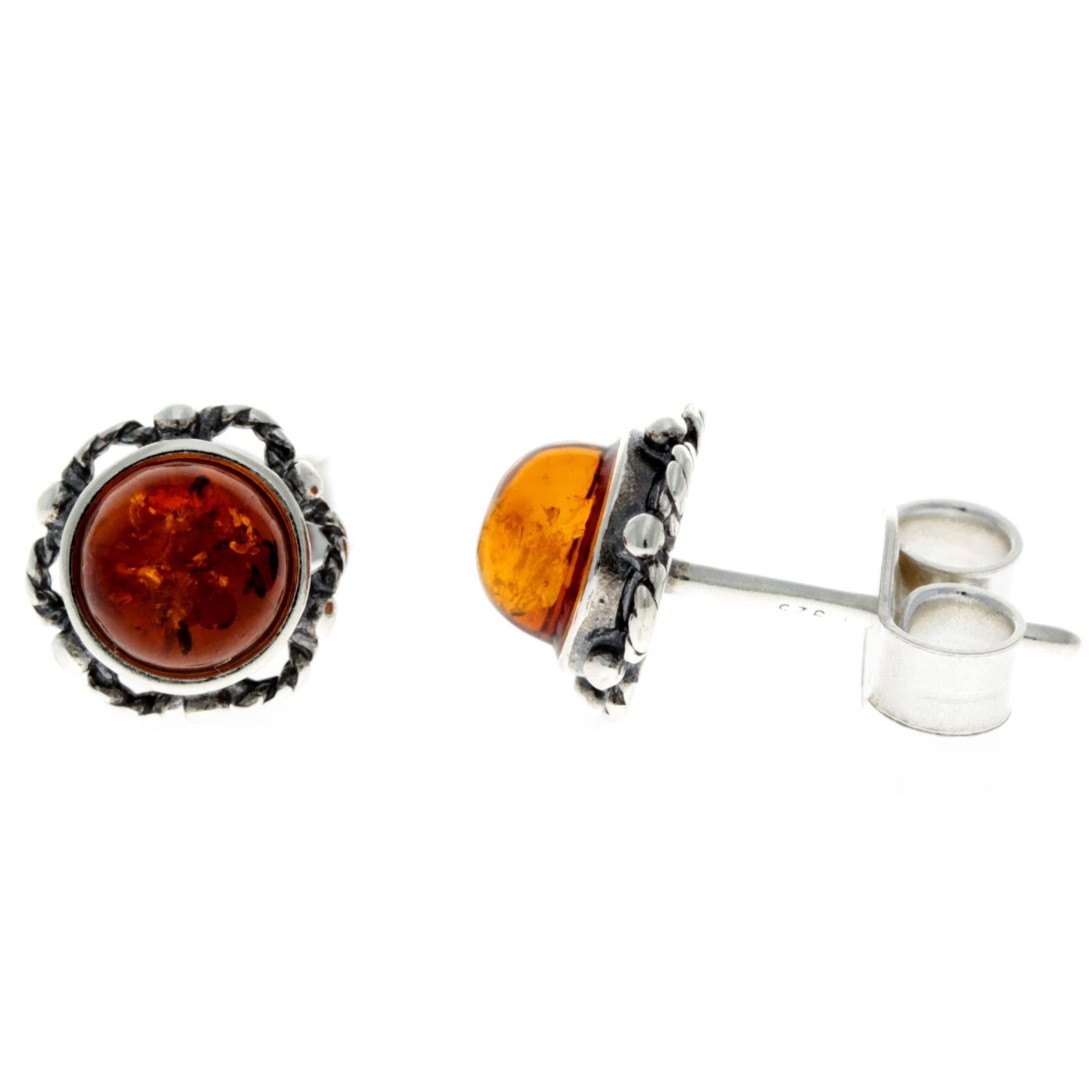 SilverAmber Jewellery - Classic Genuine Cognac Baltic Amber 925 Sterling Silver Antique Look Bloom Button Ball Studs Round Earrings 5940