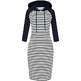 Clearlove Women's Stripe Pocket Knee Length Slim Pullover Hoodie Dress (M, Raglan/White&Navy)