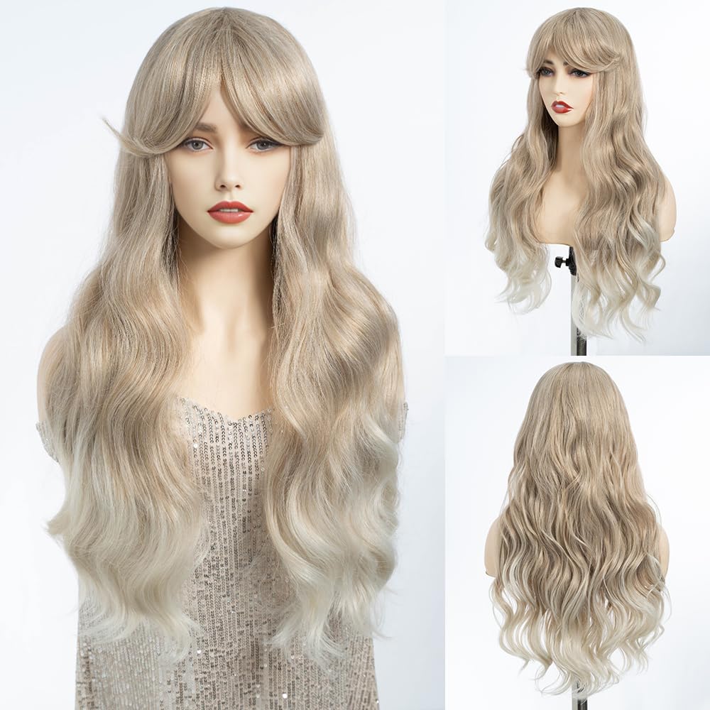 DÉBUT Long Wavy Wig With Fringe for Women Heat Resistant Synthetic Ombre Brown to Blonde Wigs With Bangs for Daily Party Cosplay Use（26 inches, T14F/56E）