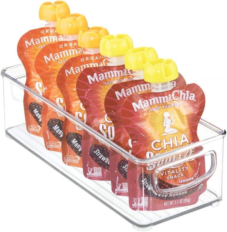 mDesign Stackable Plastic Food Storage Bin with Handles for Kitchen Pantry, Cabinet, Refrigerator, Freezer - Organizer for Fruit, Yogurt, Squeeze Pouches - BPA Free, 10" Long - 2 Pack - Clear: Kitchen & Dining
