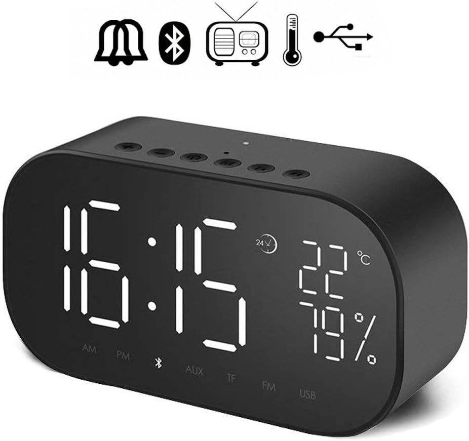 Digital Alarm Clock Radio, LFHouzze Wirless FM Radio Dual Alarm Clock 2200mAh Battery with Bluetooth Speaker, Thermometer, TF Card Slot, USB Port, LED Mirror Dimmer Display Black