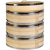 Hcooker 3 Tier Kitchen Bamboo Steamer with Double Stainless Steel Banding for Asian Cooking Buns Dumplings Vegetables Fish Ri