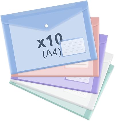 ASTARON 10 Pack A4 Plastic Envelopes Folders Clear 5 Colors 33.5x23.5cm
