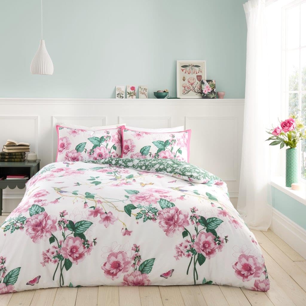 GC GAVENO CAVAILIA Floral Duvet Cover King Size (230x220cm) - Polycotton Duvet Set 3 Piece Bedding Bed Cover with Pillowcase - Washable Linen - Pink/Green