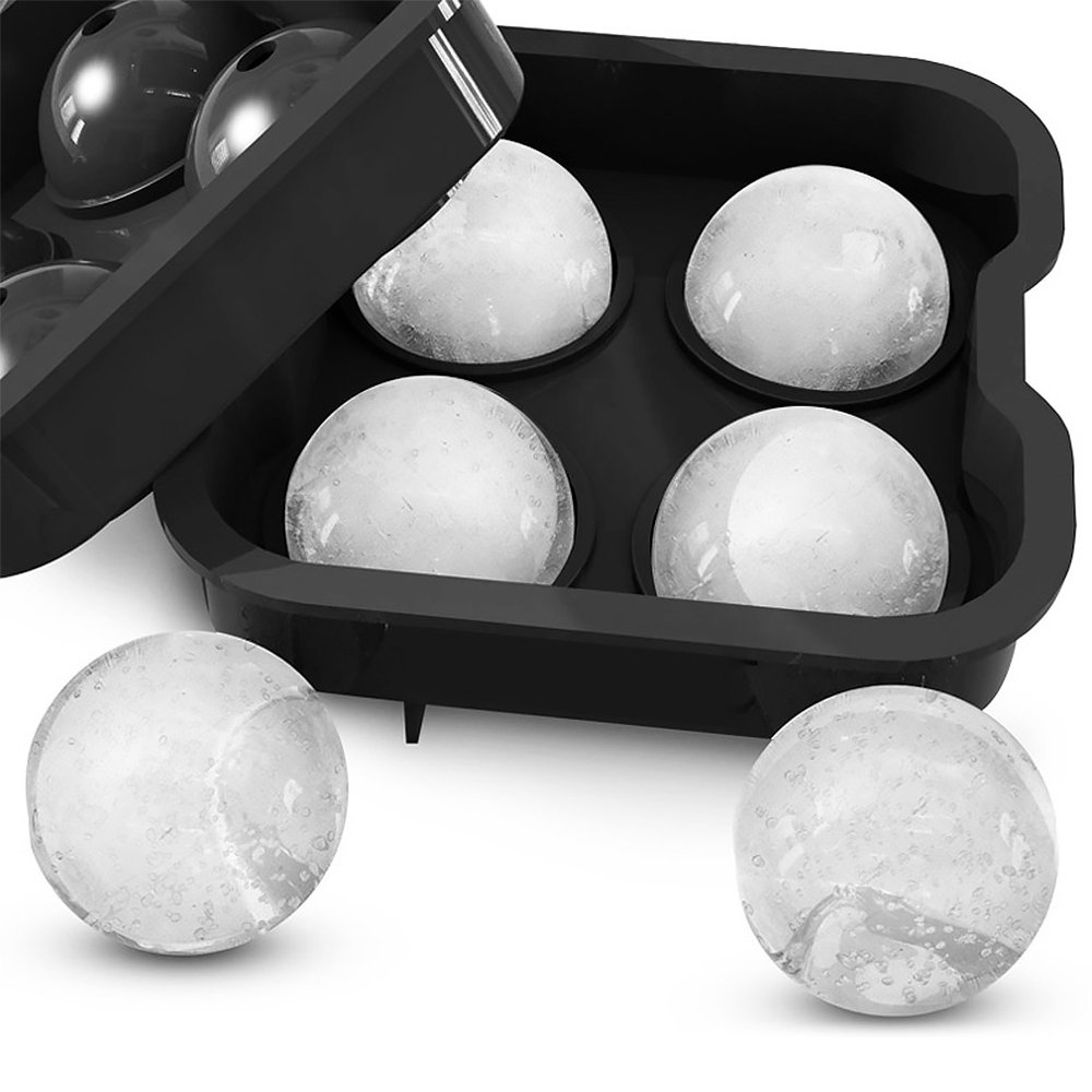 Domi Ice Ball Maker, Black Easy Flexible Silicone Ice Tray，4 Round Large Sphere Ice Molds with Lid & Big Ice Cube Molds for Whiskey/ Cocktails / Bourbon/ Keep Drinks Colder Longer Than Ice Cubes -- FD