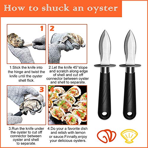 Oyster Knife,Oyster Shucking Knife,Oyster Shucker,(2 knives+1 pair gloves) Cut-proof Gloves Cut Resistant Level 5 Protection Seafood Opener Kit Thicker Stainless Steel Blade for Home,BBQ,Party