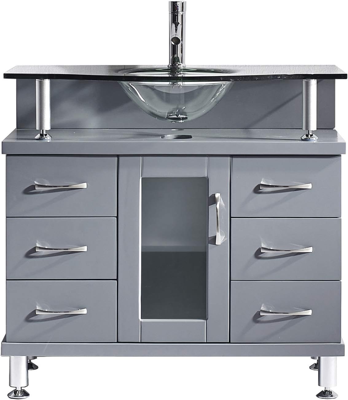 Virtu USA Vincente 36 inch Single Sink Bathroom Vanity Set in Grey w/Integrated Round Sink, Clear Tempered Glass Countertop, No Faucet, No Mirror - MS-36-G-GR