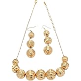 NLMSKI Chunky Lucky Bead Graduated Ribbed Sphere Necklace Earrings Jewelry Set For Women Statement Glam Elegant Party Adjustable Chain Gold Color