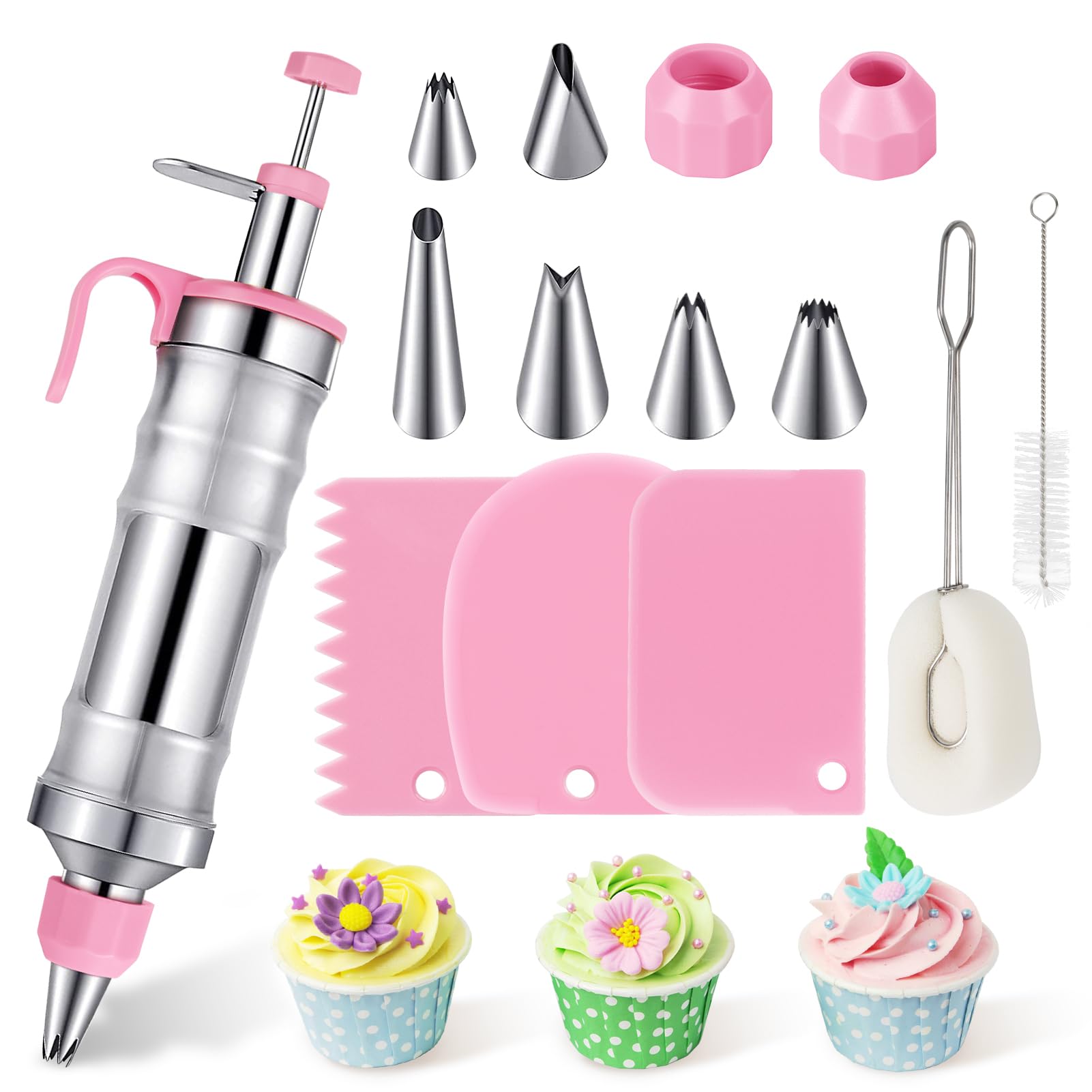 Mlijzard Icing Piping Set Cake Decorating Kit, Replacement for Piping Bags and Nozzles Set, 14Oz Stainless Steel Dessert Decorator Piping Syringe Icing Gun Set W/ 6 Tips 2 Couplers, 3 Cake Scrapers, DJY4174972