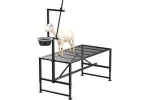 Larrik Goat Milking Stand with Feed Bin, Stand for Goat Milk and Shepp Trimming Hooves, with Adjustable Head Piece and Legs, Metal Black Use for Small Goat and Sheep, 400 Lbs