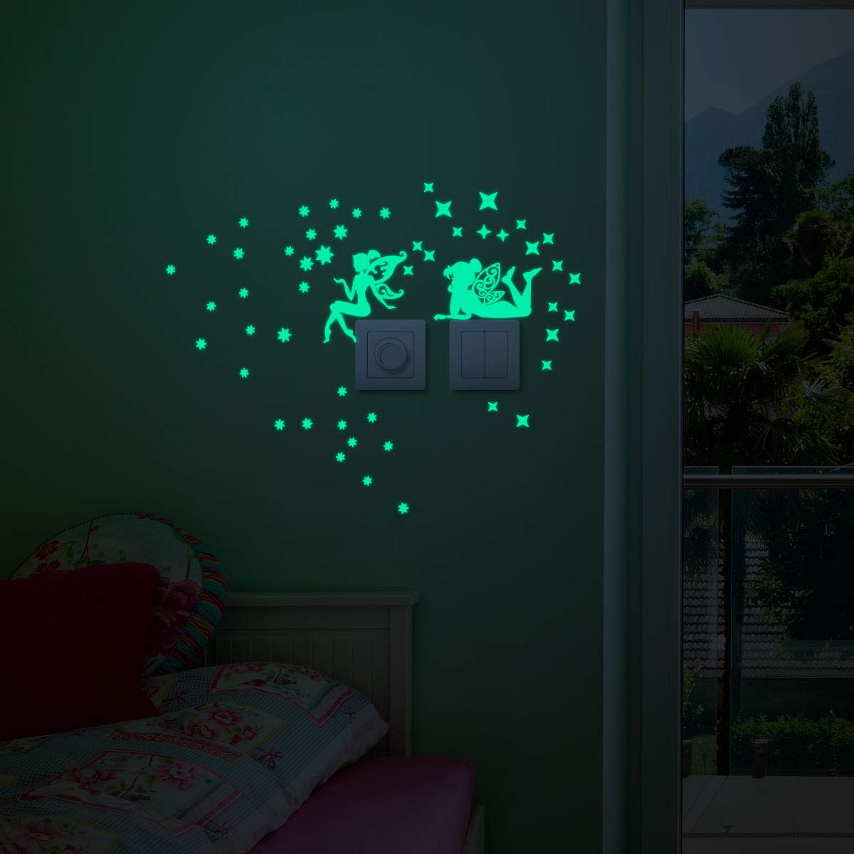 Adhesif Mural De 55cm X 25cm 2 Grands Stickers Phosphorescent Fees Decoration Pour Chambre Bebe Et Enfant 100 Etoiles Autocollant Fluorescent Et Lumineux Jusqua 5 Heures De Suite Ameublement Et Decoration Decoration