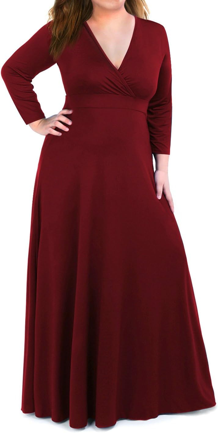 Plus Size Maxi Dress for Women with 3/4 Sleeve Deep V Neck Solid Color Wedding Evening Party Dress
