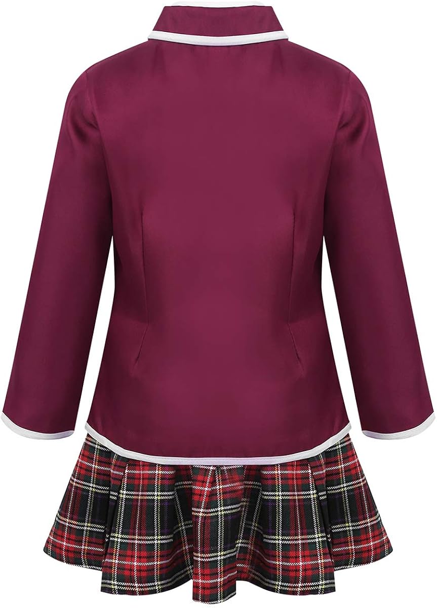 JEATHA Kids Girls Long Sleeves British Style School Uniforms Anime Cosplay Shirt Blazer with Tie Plaid Mini Skirt Set: Clothing