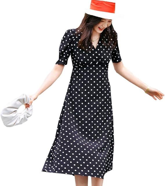 Amazon ワンピース 水玉模様 レディース 半袖 夏 Vネック パフスリーブ レトロ ふんわり ゆったり 着痩せ 体型カバー ひざ丈 おしゃれ 可愛い エレガント きれい 大きいサイズ 大人 女性 ビーチ 旅行 学生 通勤 通学 デート 二次会 プレゼント ワンピース チュニック
