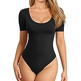 MANGOPOP Long Short Sleeve Bodysuits for Women Scoop Neck Ribbed Body Suit Stretchy Basic T Shirt Tops