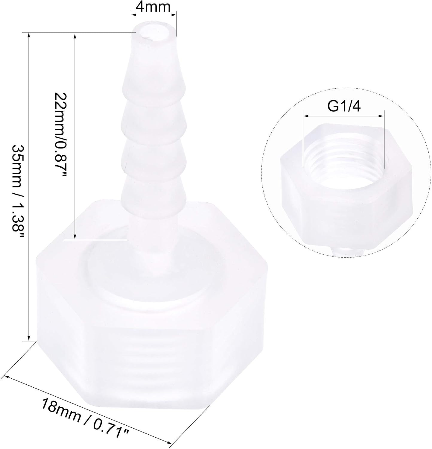 sourcing map Polypropylene Hose Barb Fitting Coupler, 4mm Barb x G1/4 Female Thread Pipe Adapter, Translucent 2Pcs - Image 3