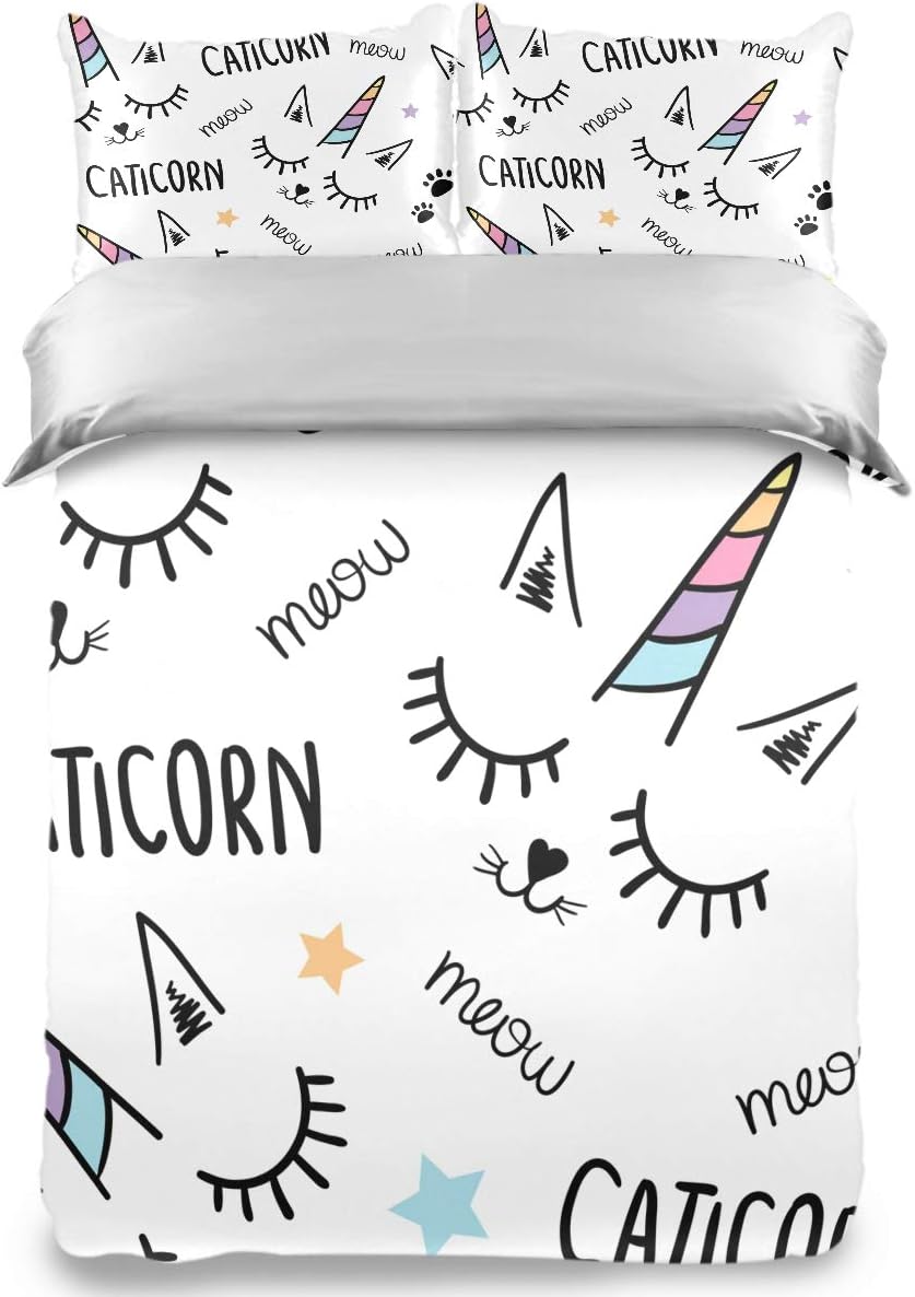 Kaariok Cute Cartoon Cat Unicorn Fantasy Kitty Paw Star Duvet Cover Set Twin Size Bedding Comforter Sets 3 Piece with 2 Pillow Shams for Teens Kids Boys Girls
