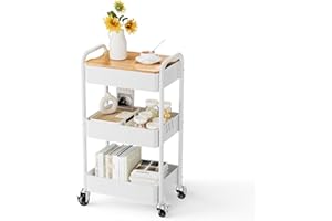3 Tier Rolling Cart with Table top, Metal Rolling Utility Cart, Storage Organizer Cart with Locking Wheels & Hooks for Office