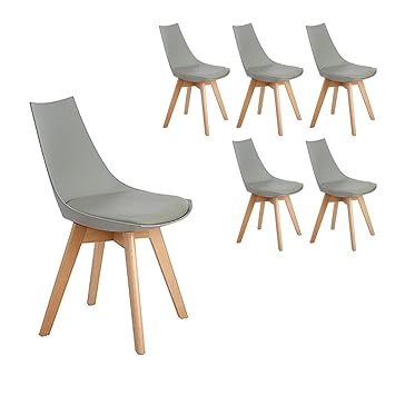 H.J WeDoo 6er Set Esszimmerstühle mit Massivholz Buche Bein, Retro Design Gepolsterter Stuhl Küchenstuhl Holz, Grau