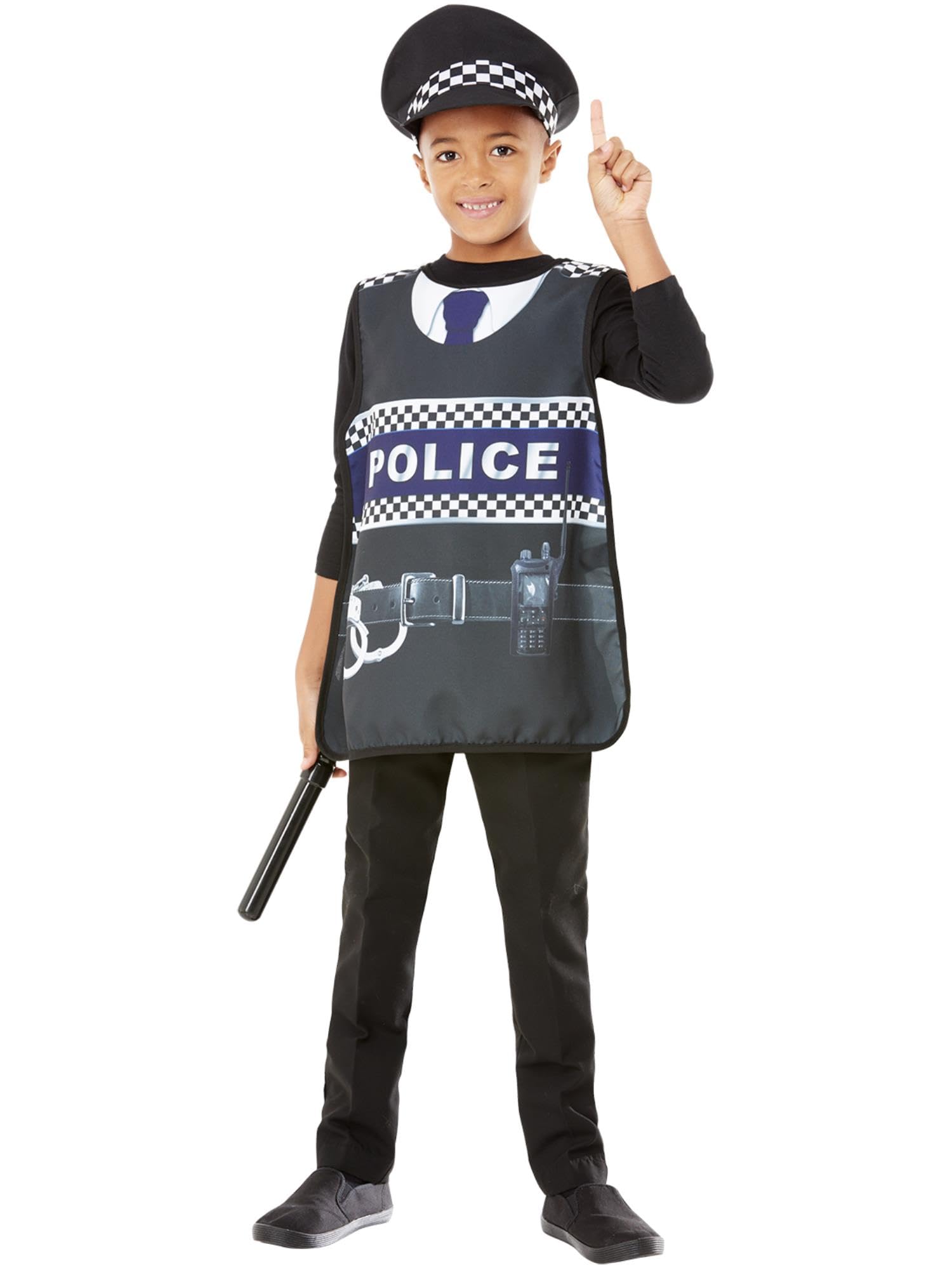Smiffys Police Kit Tabard, Hat & Truncheon, Boys Fancy Dress, Cops and Robbers Dress Up Accessories