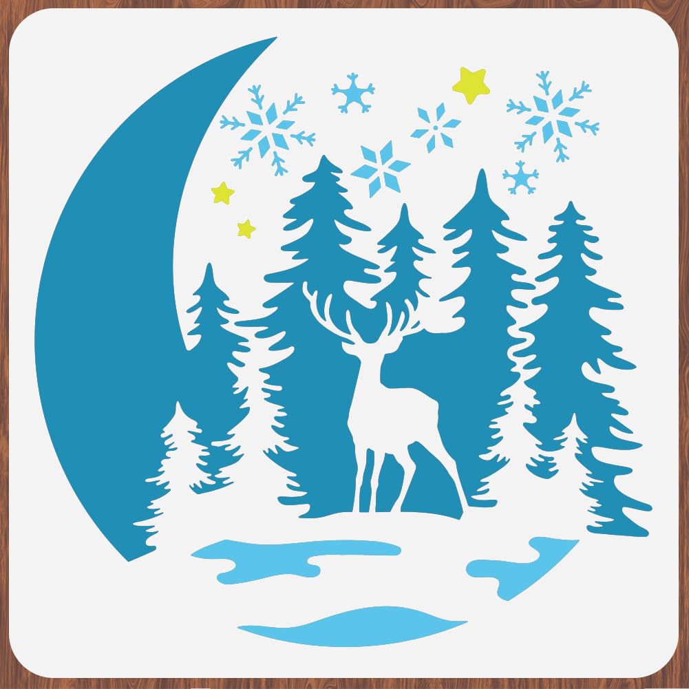 INFUNLY Christmas Theme Wall Stencils Pine Deer Large Stencils for Painting 11.8x11.8 Moon Tile Stencil Snowflake Reusable Stencils for Crafts for Painting on Wood Paper Canvas Furniture Xmas Decor