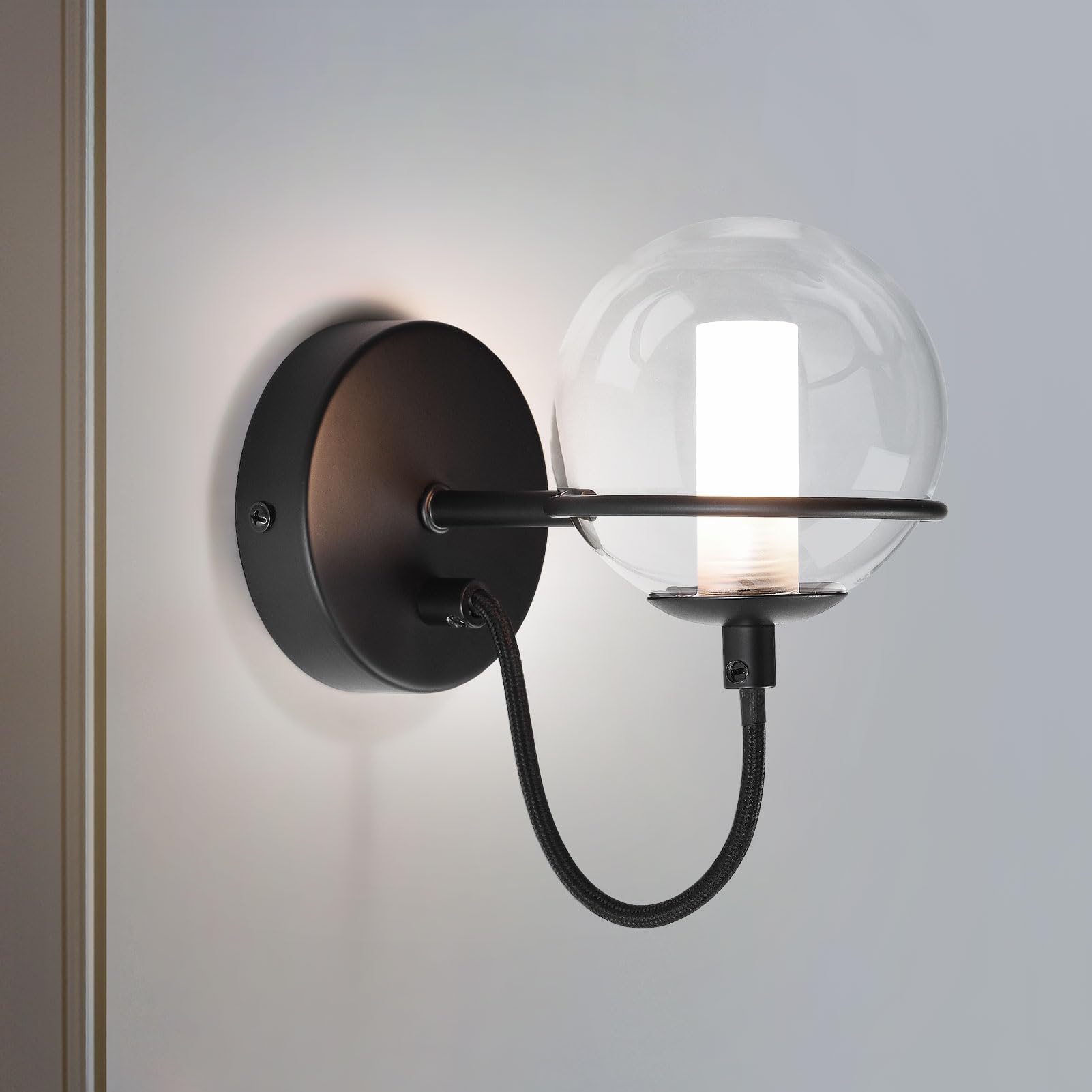 HARPER LIVING 1xG9 Up Wall Light with On/Off Switch, Indoor Wall Lamps Matt Black Finish, Modern Wall Sconce Lights with Globe Glass Shade, Ideal for Bedroom, Living Room, Hallway, Hotel