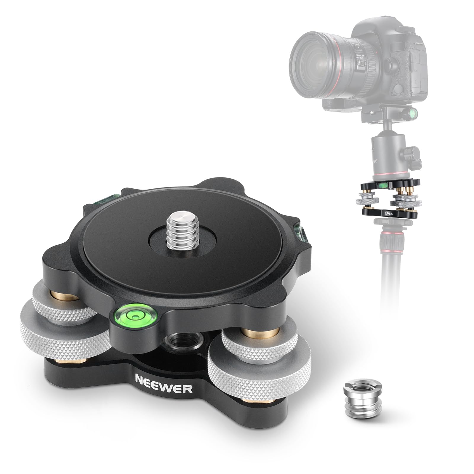 Neewer Tripod Head Leveling Base Camera Leveler, 3 Axis Wheel Metal Head with Bubble Levels, 3/8" Screw & Thread, +/-9° Precise Angle Adjustment for Macro Panoramic Photography, Max Load 33lb, LP65