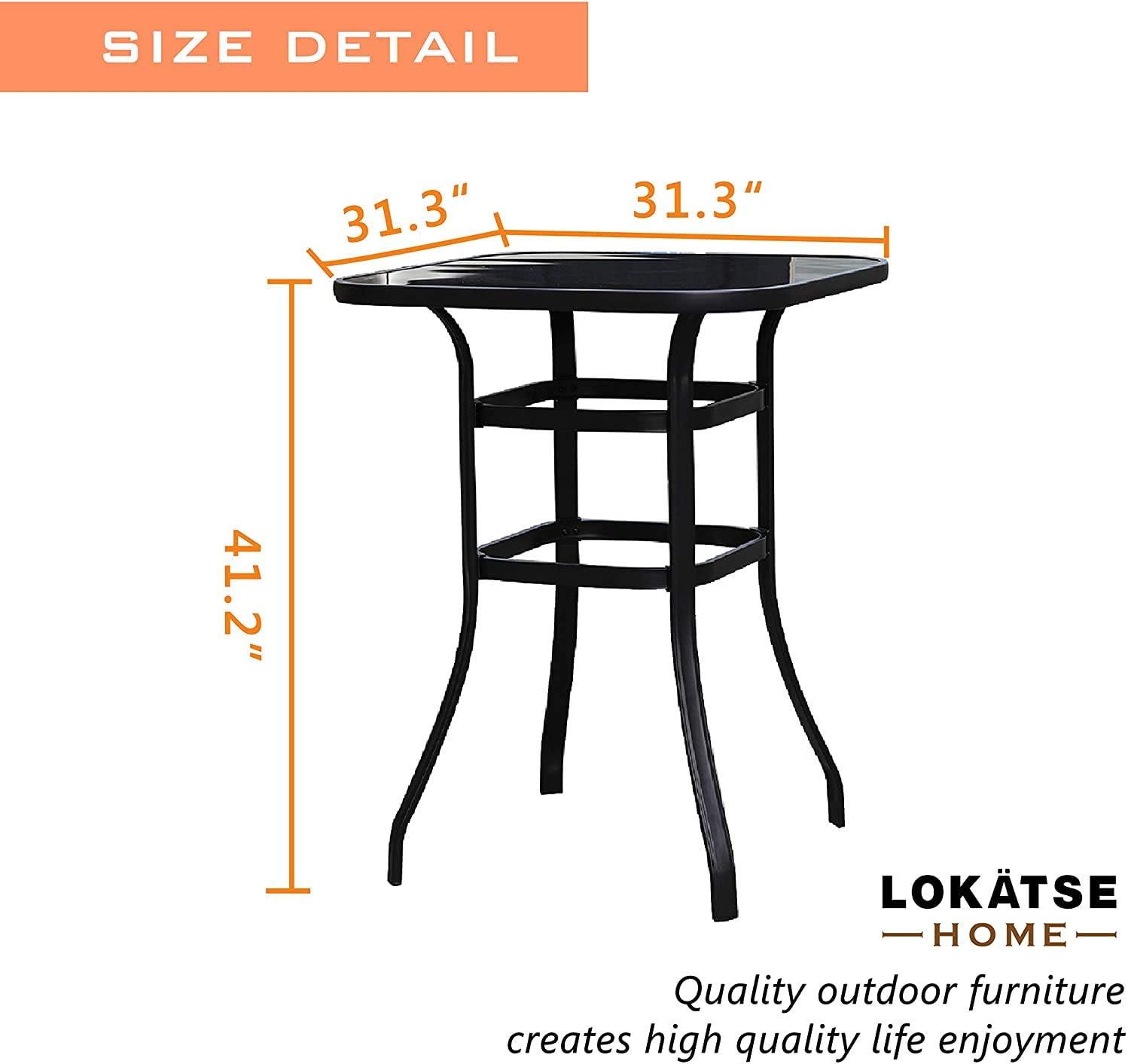 LOKATSE HOME Patio Bar Height Table Square Tempered Glass Metal Frame Outdoor Bistro High Top Black L x 31.5" W x 41.2" H: Garden & Outdoor
