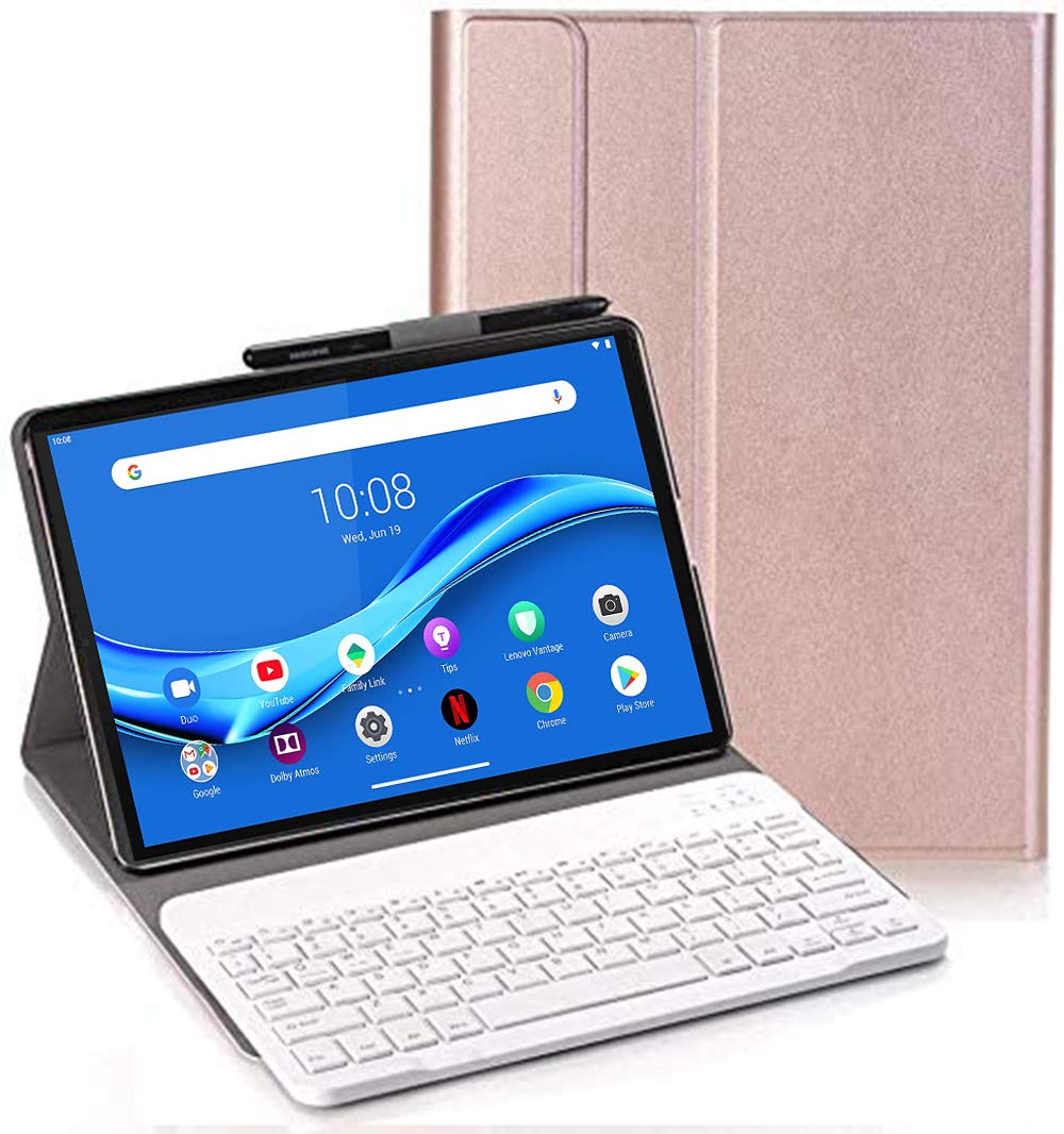 RLTech Keyboard Case for Lenovo Tab M10 FHD Plus - (QWERTY Layout), Ultra Slim Flip with Removable Wireless Keyboard Stand Case Cover for Lenovo Tab M10 FHD Plus TB-X606F 10.3 Inch, Rose gold