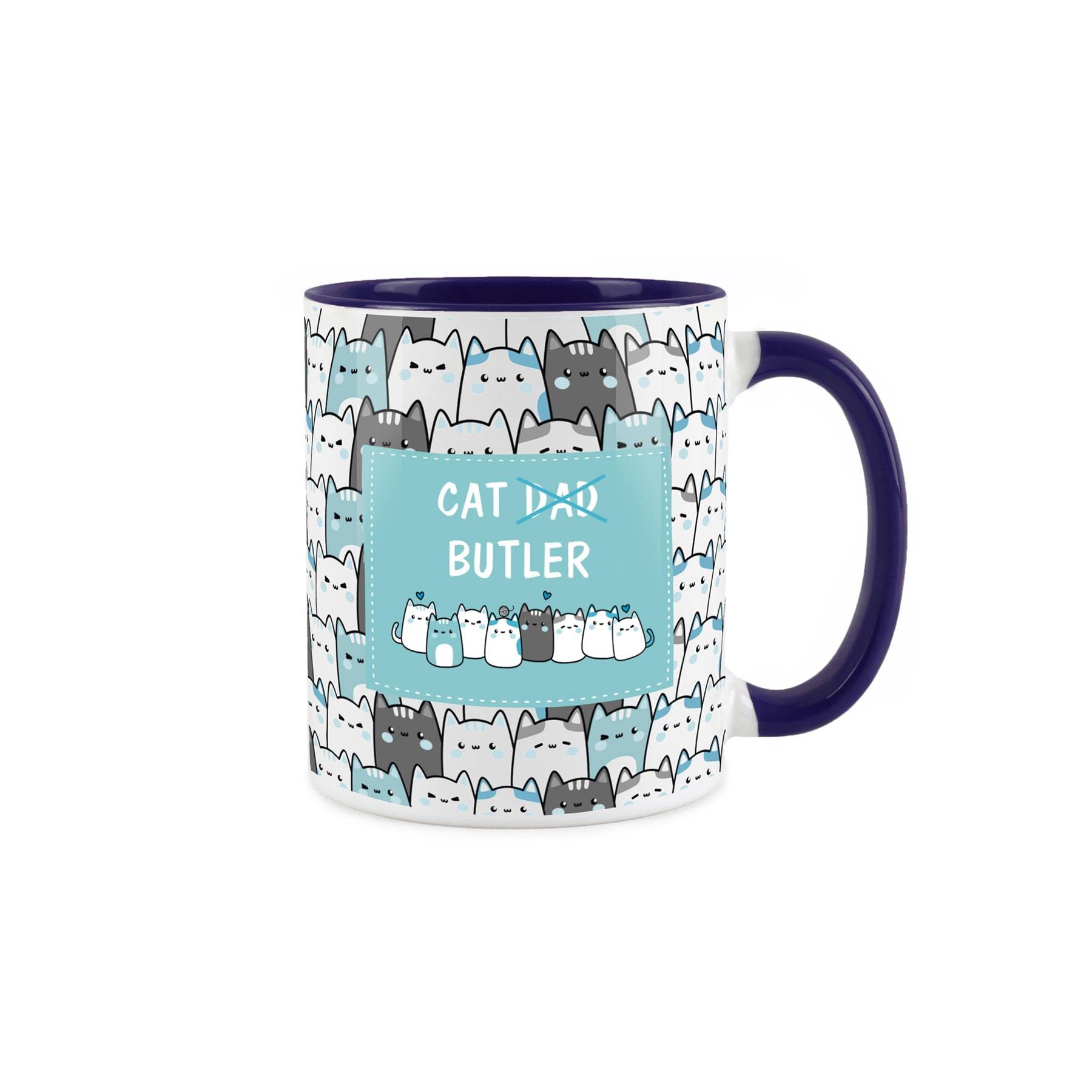 Purely Home Dads Cat Mug - Butler Servant Cats Lover Tabby Black Cat - Feline Blue and White Owner Gift - Secret Santa
