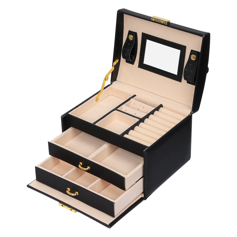 Mondeer Jewellery Box, Jewellery Oganiser, 3 Layers PU Leather Jewelry Storage Box with Mirror and Lock, for Rings Bracelets Earrings Necklaces, Black