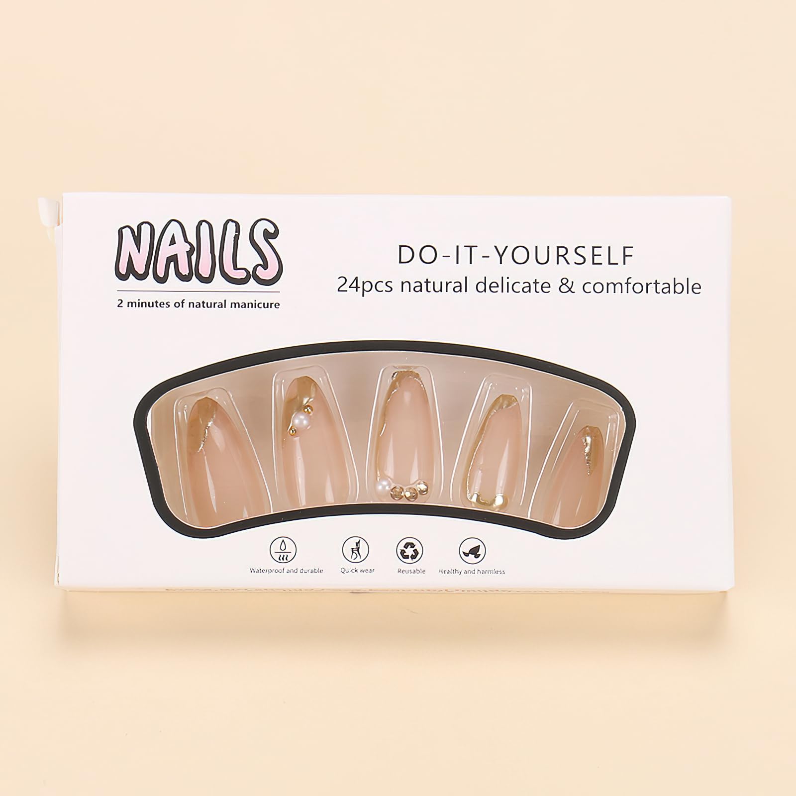 ROFIBUT Gold French Tip Press on Nails Medium Almond Fake Nails with Pearl Designs 3D Gold Edge False Nails Glossy Nude Glue on Nails Acrylic Nails Reusable Stick on Nails for Women Manicure 24Pcs - Image 5