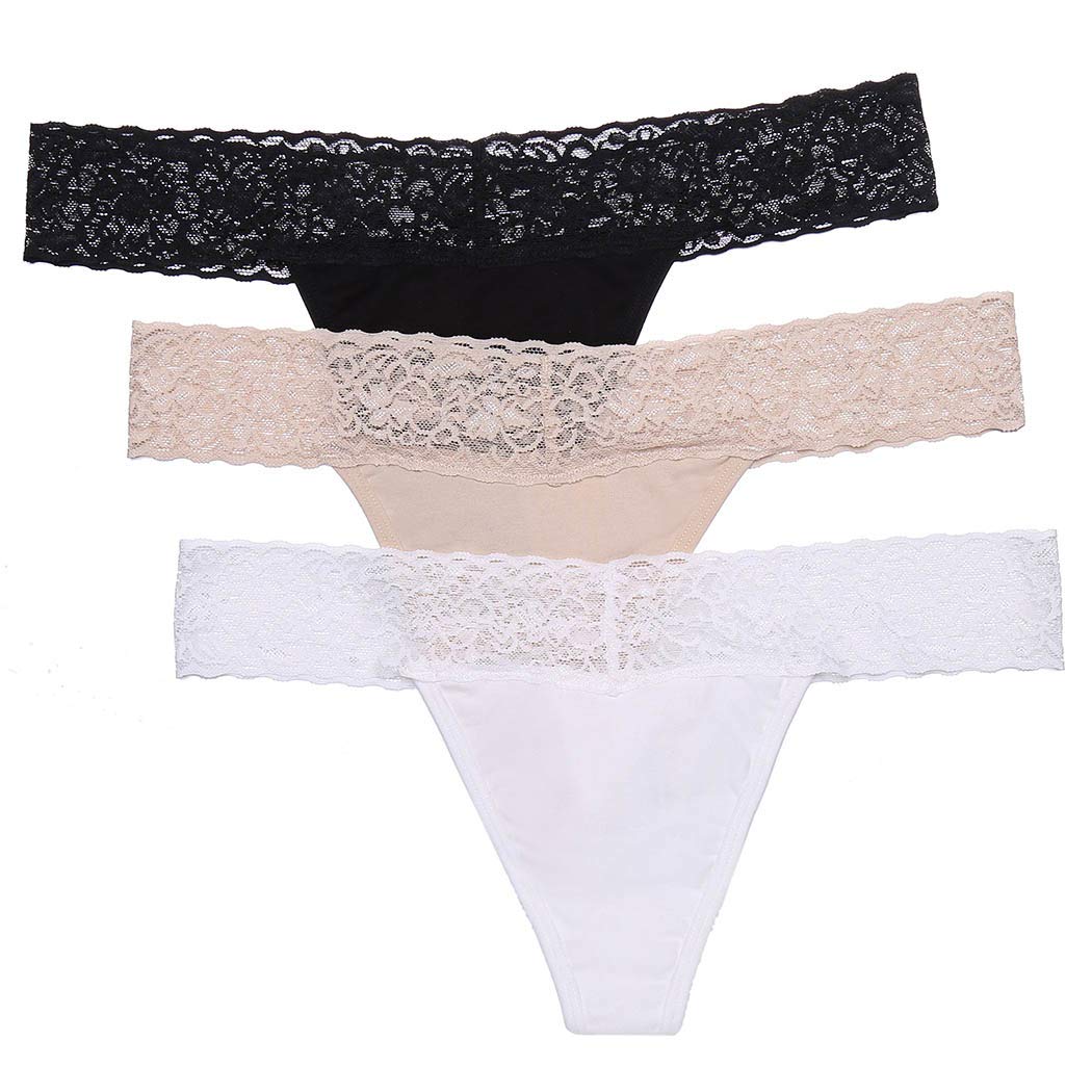 Ekouaer Women Cotton Breathable Thongs Briefs Tangas Sexy Ladies Panties Underwear 3 Pack Black/White/Apricot L
