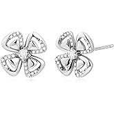 Watforsh 925 Sterling Silver Four Leaf Clover Floral Small Simple Stud Cubic Zirconia Minimalist Hypoallergenic Earrings for Office Women
