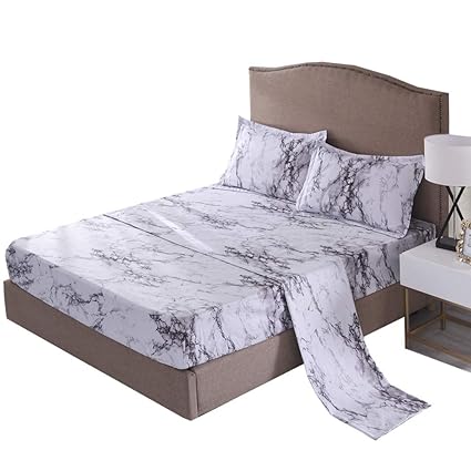 Ntbed Marble Bed Sheet Set Flat Sheet Fitted Sheet Pillowcases Microfiber Bedding Sets Grey Full