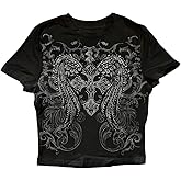 RoseSeek Women's Y2K Gothic Graphic Tees Short Sleeve Crew Neck Rhinestone T Shirts Streetwear Fitted Tops